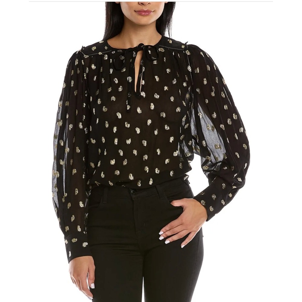 Derek Lam 10 Crosby Ellie Blouse Black Gold Lurex Paisley Sheer  Size 4